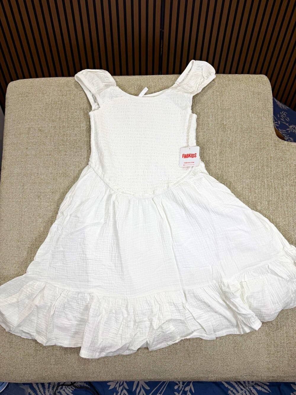 FABKIDS Girls 18 White Solid Fit & Flare Square Neck Sleeveless Ruffle Dress